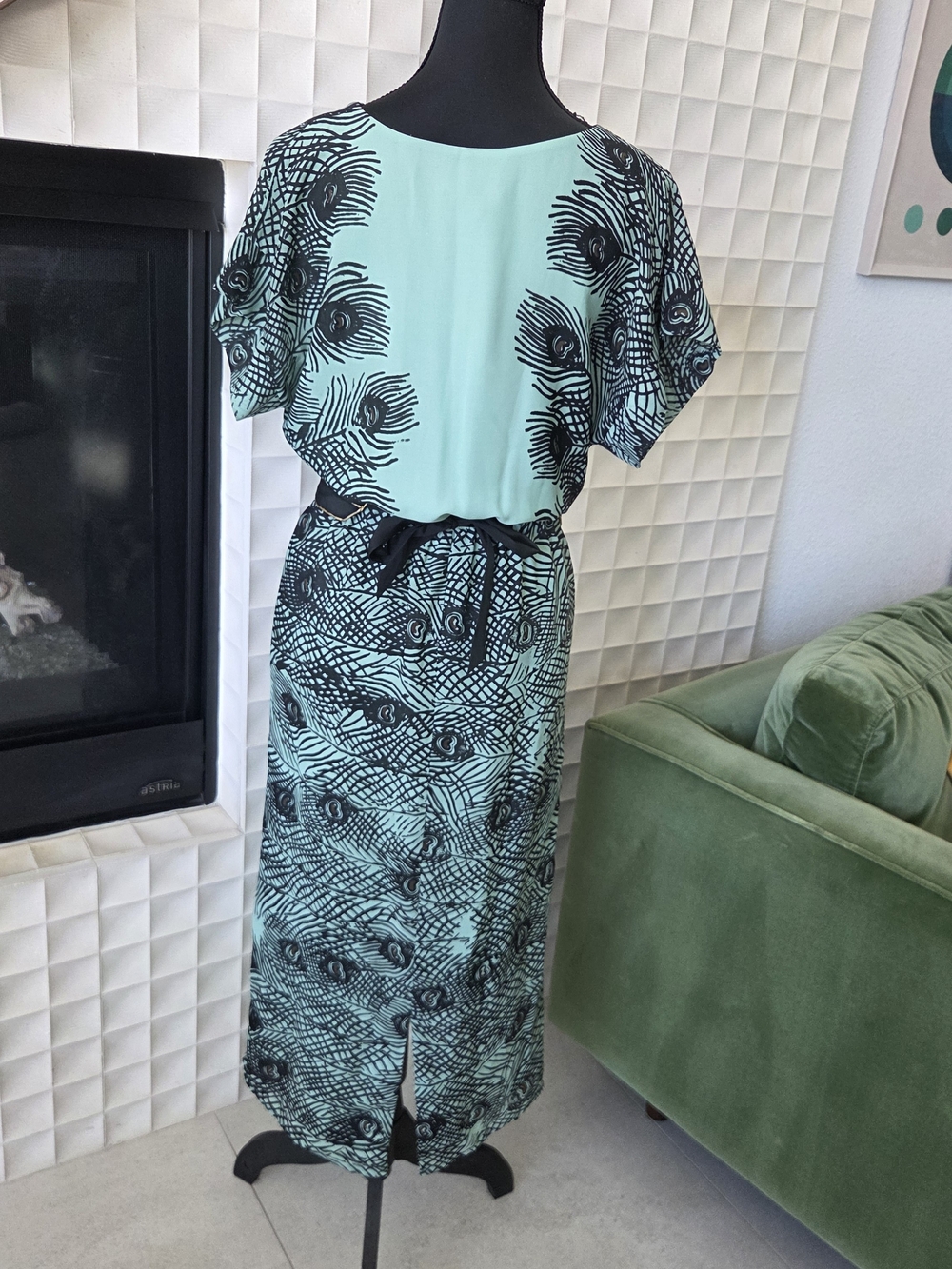 Corey Lynn Calter Anthropologie Mint Plumes Kimono Midi Dress Peacock Feather XS - Picture 5 of 10